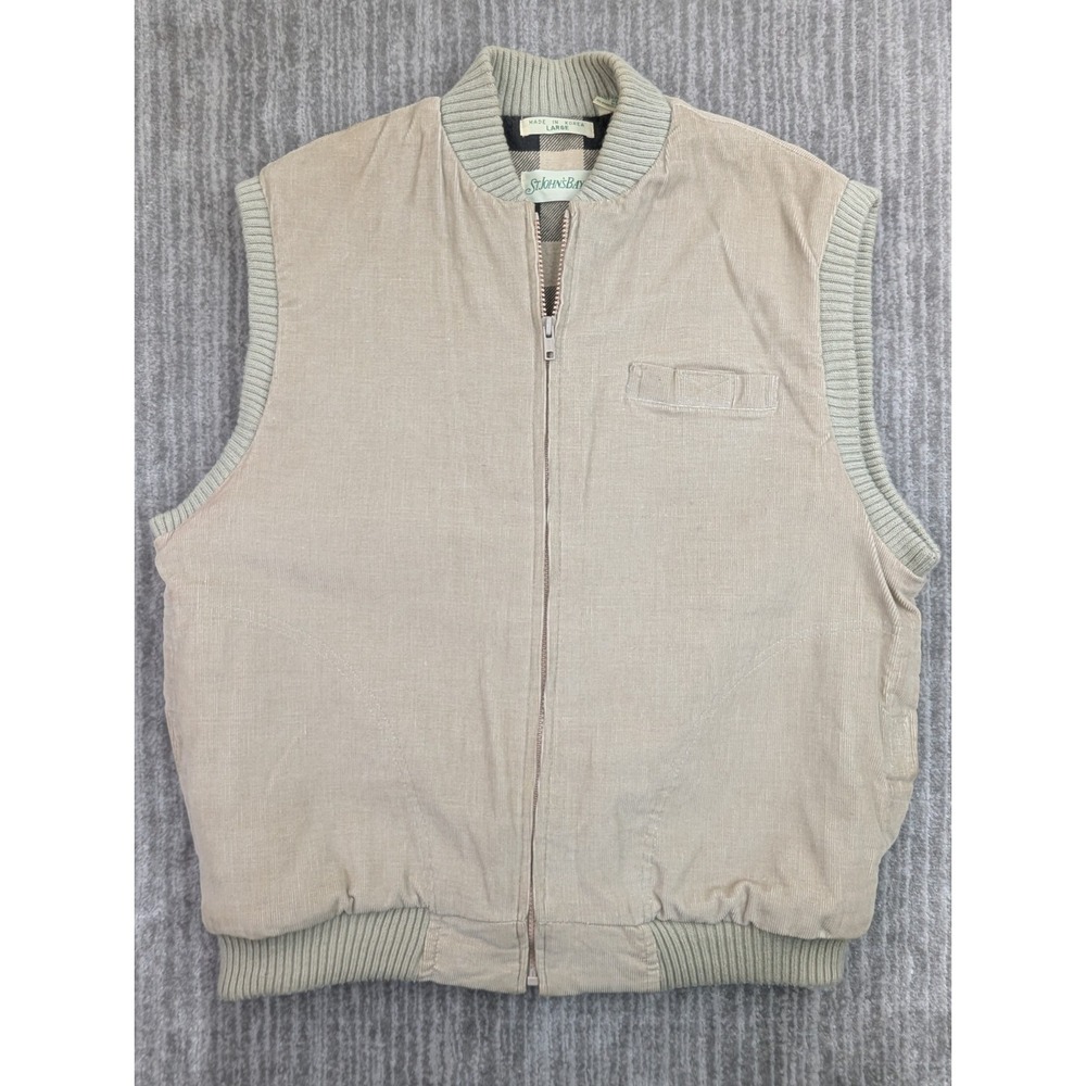 Vtg St Johns Bay Corduroy Vest Mens L Beige Quilt Lined Insulated Hunting Hiking